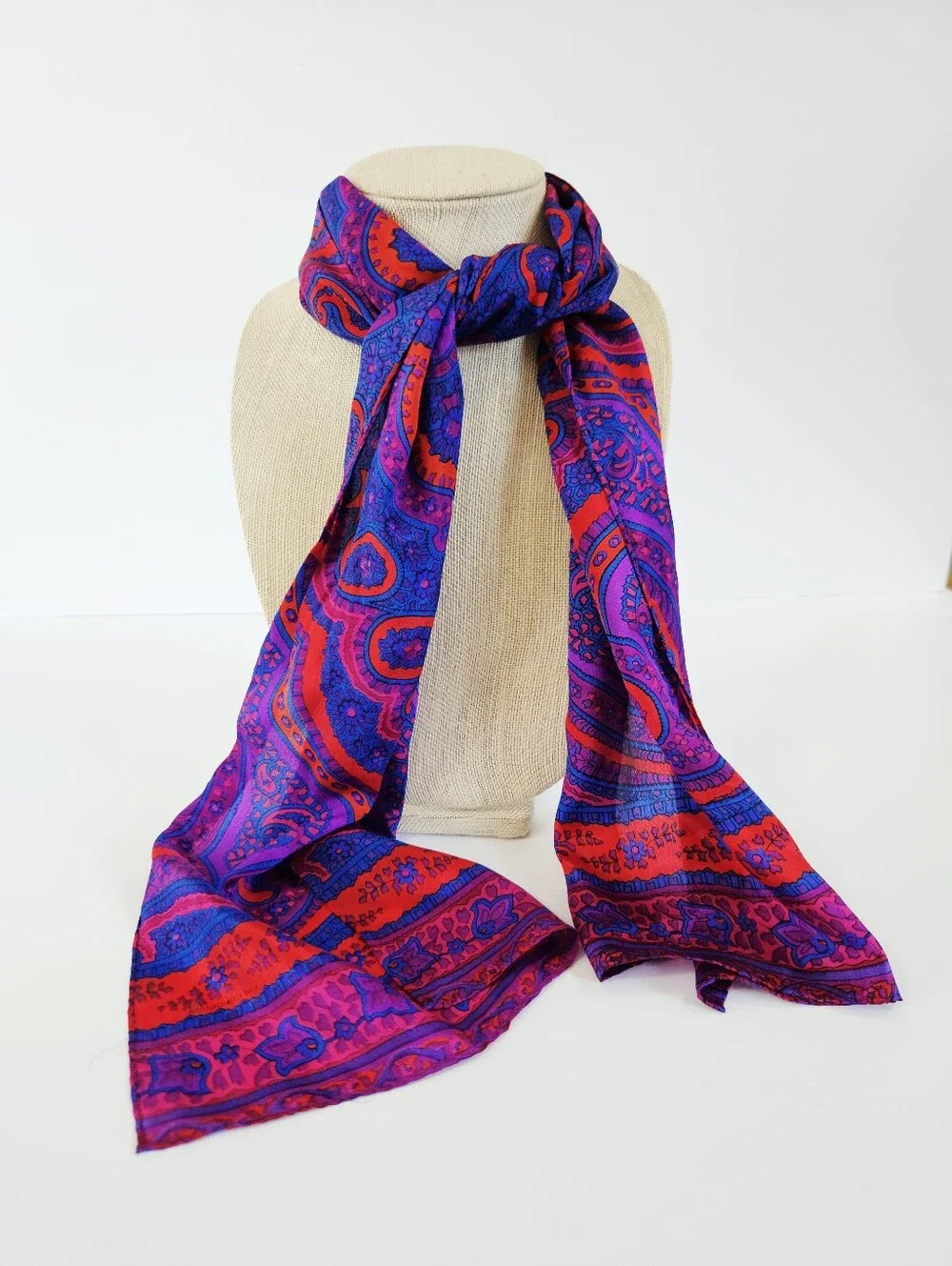 Vintage Vibrant Jewel Tone Paisley Mandela Rolled Edge Long Silk Scarf Foulard